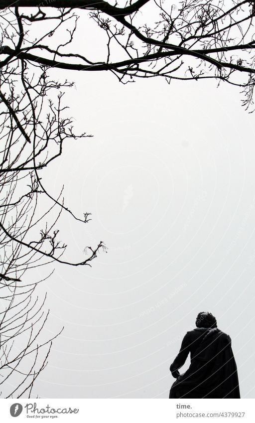 park adventures Statue ast zweig winter silhouette figur kunst denkmal himmel grau rücken rückseite teilansicht detail