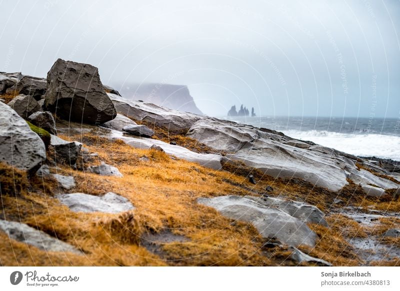 Reynisdrangar in der Ferne - Sehnsucht Island Horizont isländisch Landschaft Natur Felsen Steine Lava vulkanisch Meer Küste Nebel Wolken dramatisch Stimmung