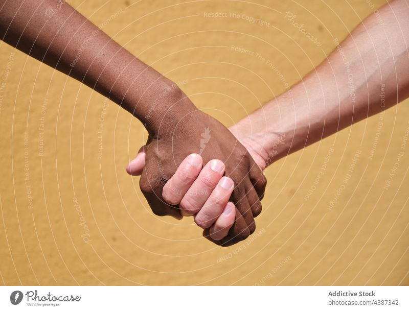 Multirassische Freunde halten sich an den Händen Hand Händchenhalten Zusammensein gestikulieren vielfältig Gruß Einheit Erfolg Konzept multiethnisch