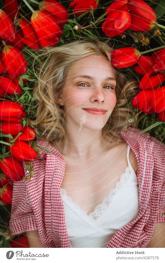 Glückliche Frau auf einer Wiese mit roten Tulpen liegend Blütezeit Feld Blume Haufen Lächeln Natur Lügen geblümt Angebot feminin sorgenfrei charmant hell Sommer