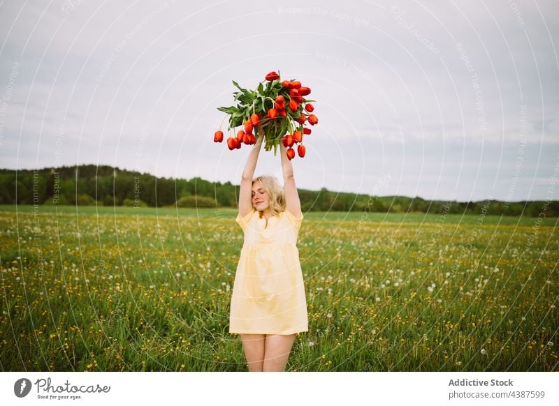 Zarte Frau mit Tulpenstrauß im Feld Blume Blumenstrauß Haufen geblümt Wiese Sommer Lächeln Glück Blütezeit Natur frisch Angebot rot Farbe froh Freude genießen
