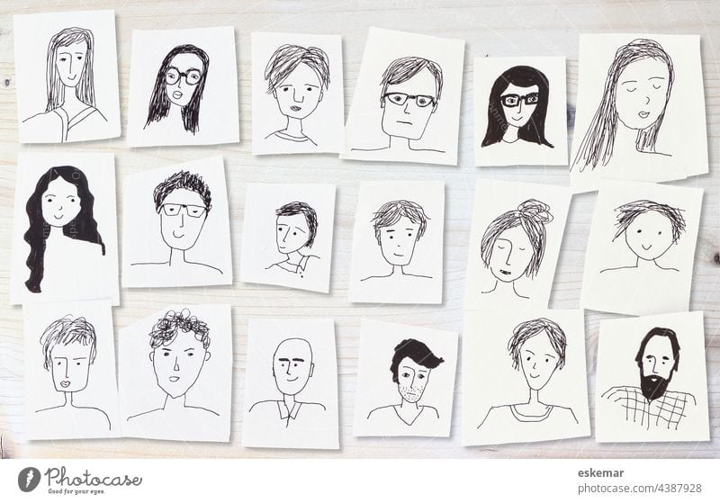 Gesichter Menschen Frau Mann viele gezeichnet Zeichnung Kunst Textfreiraum Hintergrund weiß weisser Frauen Männer Porträt Porträts lustig Zeichnungen Gruppe
