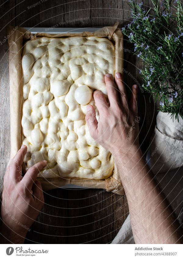 Der Koch bereitet den Teig für die Zubereitung der traditionellen Focaccia vor vorbereiten roh Teigwaren Person Prozess Brot Tradition Backpapier Speise
