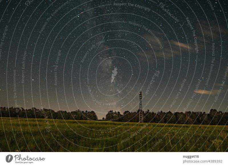 Milchstraße, Venus und Meteor über einem Wald Milchstrasse Sternschnuppe Nacht Himmel Nachthimmel Außenaufnahme Farbfoto Sternbild Astronomie himmelslichter