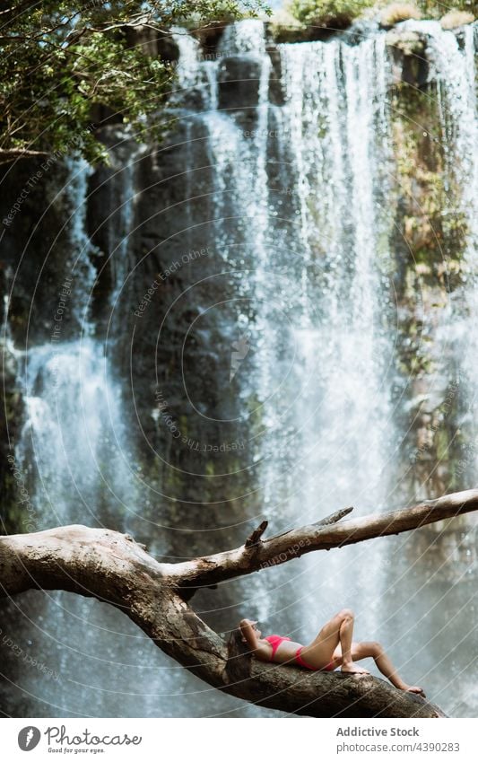 Frau im Bikini entspannt sich in der Nähe eines Wasserfalls Felsen Baum Natur Reisender sich[Akk] entspannen strömen platschen Kälte allein frisch ruhen Tourist