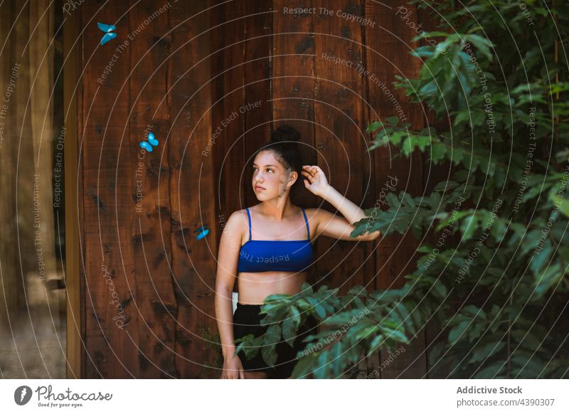 Junge Frau steht in der Nähe einer Holzwand mit Schmetterlingen Natur Haus hölzern Wand Sommer tropisch reisen blau jung Urlaub Badebekleidung Farbe Feiertag