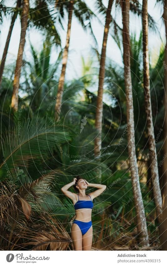 Sorglose Frau entspannt sich am tropischen Strand Handfläche Bikini Sommer sich[Akk] entspannen friedlich Natur Urlaub reisen Feiertag Paradies genießen jung