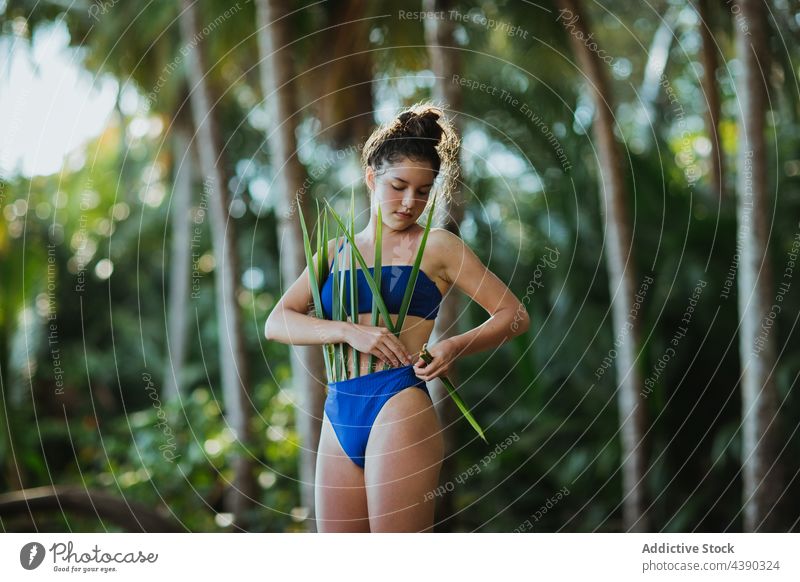 Frau mit Palmblättern am Strand tropisch Handfläche Blatt Bikini Outfit Sommer Natur Urlaub reisen Feiertag Paradies jung exotisch Tourismus Flora Stil Laubwerk