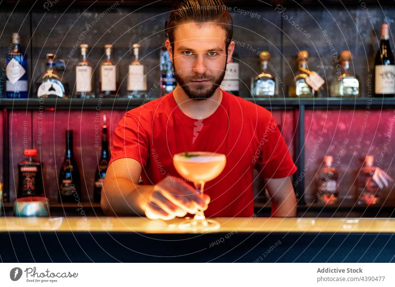 Barkeeper serviert Cocktail im Glas auf dem Tresen in der Bar trinken dienen Abfertigungsschalter Barmann Alkohol männlich Mann Getränk Pub Erfrischung Schnaps