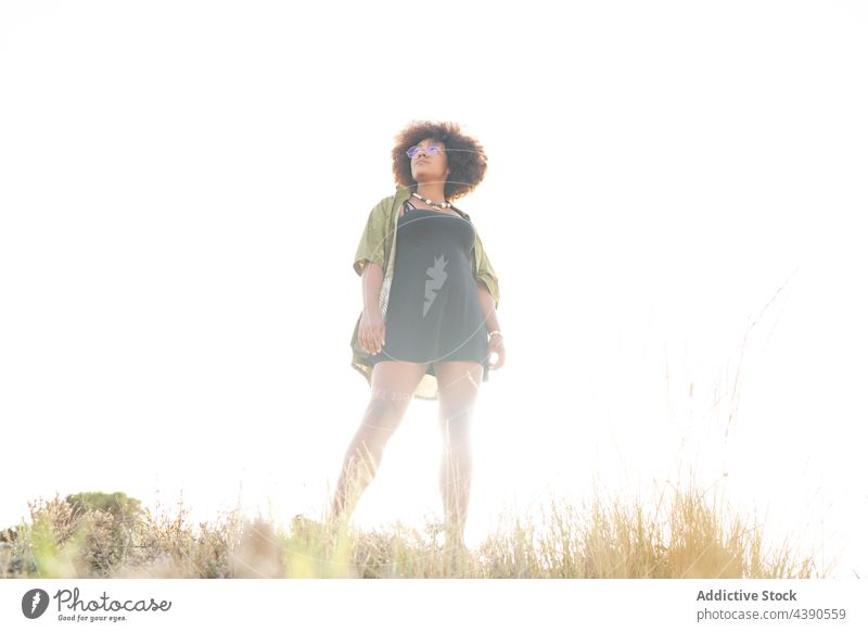 Stilvolle schwarze Frau am Sandstrand Sommer Strand Brille krause Haare verträumt Sonnenlicht Natur trendy Halskette Bijouterie Spektakel Afro-Look
