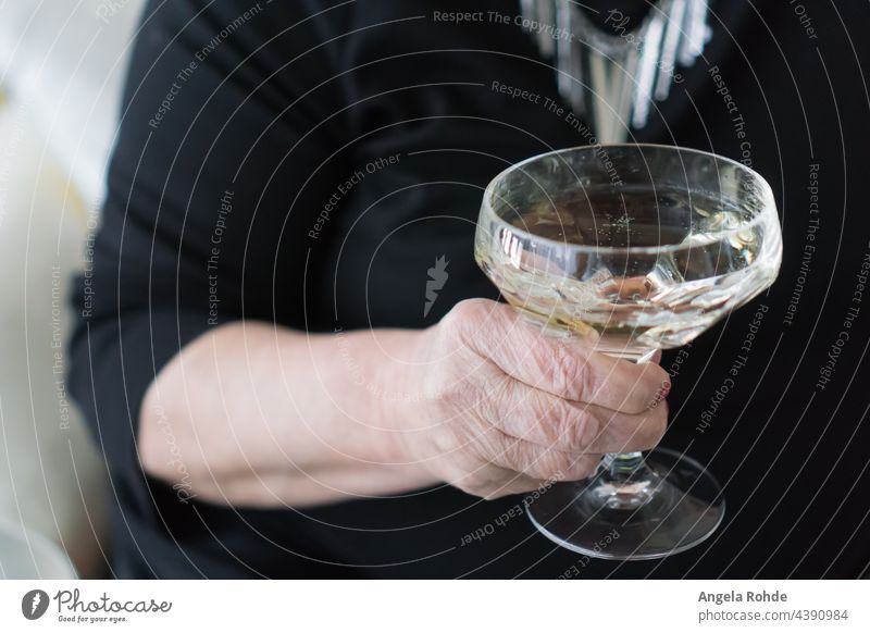 Frau hält ein Glas Champagner in der Hand Beteiligung Zuprosten anheben verpfänden Geburtstag trinken sprudelnd Sekt Wein funkelnd rege Veranstaltung Feier