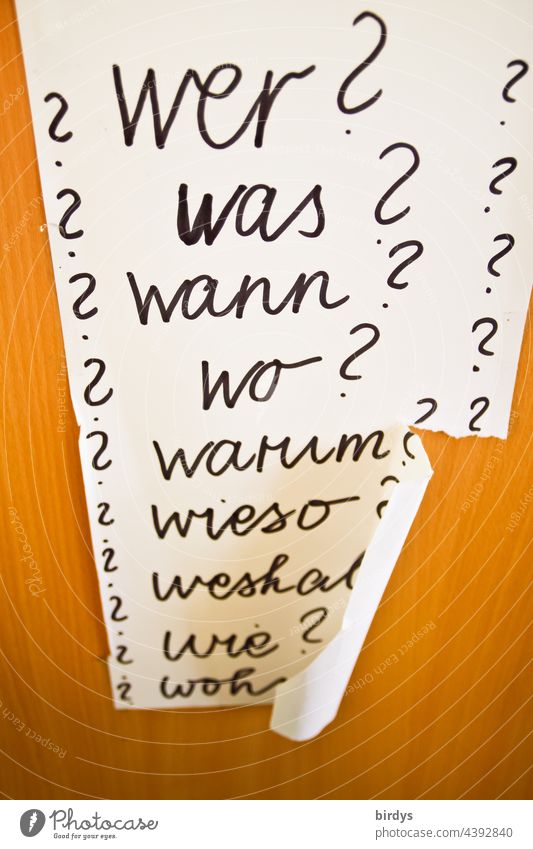 w-Worte in Schreibschrift mit Fragezeichen auf einem Papier. Orangener Hintergrund W-Worte wieso weshalb warum wann wo Fragen ? Schriftzeichen ratlos fragend