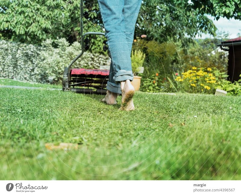 Eine Frau barfuß beim Rasenmähen im Garten rasenmähen Wiese Gartenarbeit Fuß Barfuß Rasenmäher Gras Außenaufnahme Farbfoto Freizeit & Hobby Gärtner grün Blumen