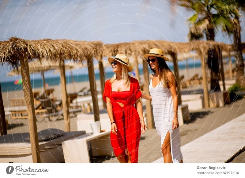 Zwei junge Frauen gehen im Sommer am Strand spazieren Erwachsener attraktiv schön Schönheit lässig Kaukasier Küste Kleid elegant genießen Genuss modisch