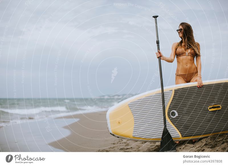Junge Frauen mit Paddelbrett am Strand an einem Sommertag attraktiv schön Bikini Holzplatte Küste Tag passen Spaß Glück Lifestyle Meer im Freien Menschen Person