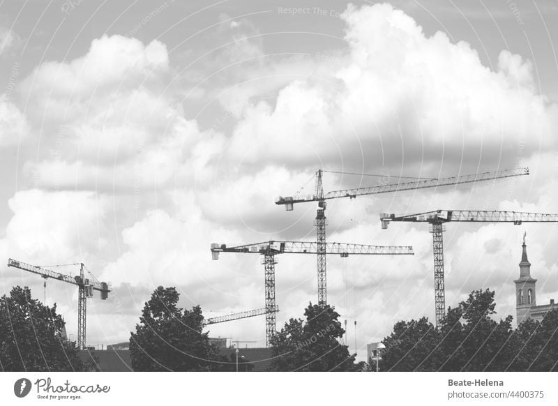 Es geht voran -Bauaktivitäten in Potsdam Baukran Bewölkt Himmel Kran Baustelle Industrie Wolken Außenaufnahme Arbeitsplatz Bauwerk himmelwärts belebt Aufschwung