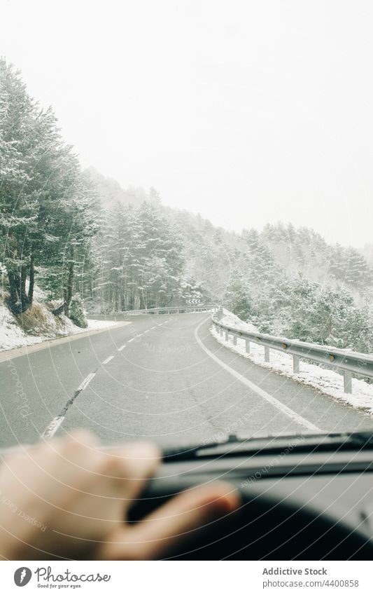 Kropfträger in Fahrzeug auf Straße zwischen verschneiten Bäumen Fahrer Route Regie Baum Himmel Hochland reisen Winter Schnee Berge u. Gebirge Pyrenäen Natur