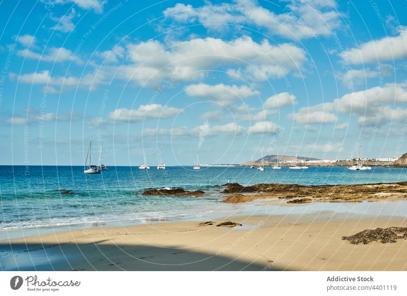 Strand mit Segelbooten im Hintergrund MEER Ufer Sommer Blauer Himmel Wasser Jacht Natur Felsen tagsüber Fuerteventura Spanien Kanarische Inseln marin Sauberkeit