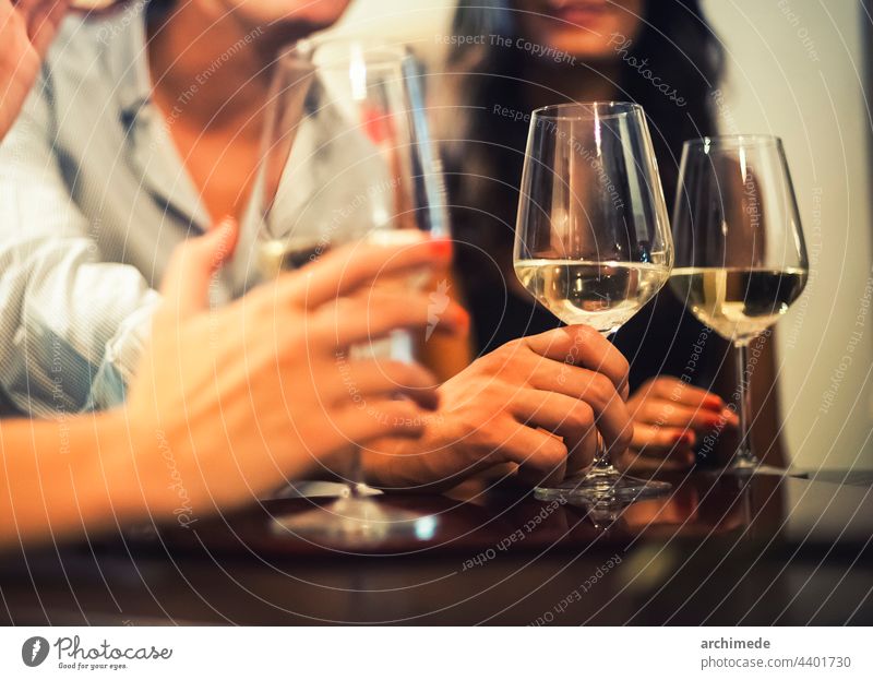 Freunde trinken zusammen Spaß Party Röstung Treffpunkt herumhängen Freundschaft Wein Glas Alkohol Nachtleben Club Bar Restaurant Hand abschließen vorliegend