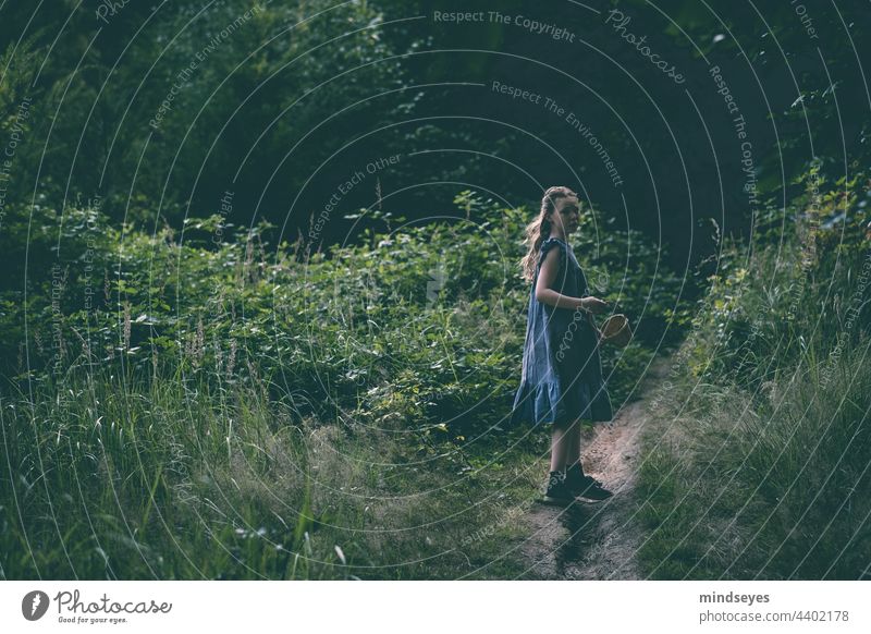 Mädchen allein im Wald Kind Kindheit verirrt Pilzsucher einsam hilflos durchsuchend blaues Kleid authentisch wandernd Dunkelheit beängstigend