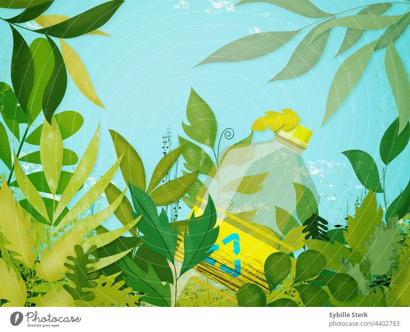 Plastikflasche umgeben von Vegetation Kunststoffflasche Recycling Müll weggeworfen nicht recycelt Klimakrise wiederverwerten Blätter Natur