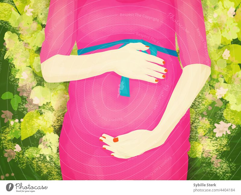 Schwangere Frau im rosa Kleid mit Grünzeug Suppengrün Blätter Natur Blumen Schwangerschaft schwangere Frau erwartend Mutterschaft mütterlich Schutz Baby