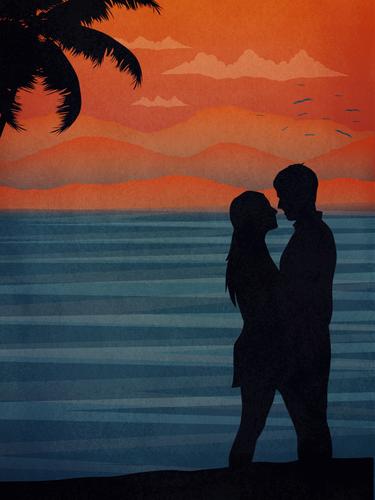 Paar küsst sich am Strand Küssen Liebe Romantik Handfläche tropisch Sonnenuntergang Fröhlichkeit Feiertag Flitterwochen