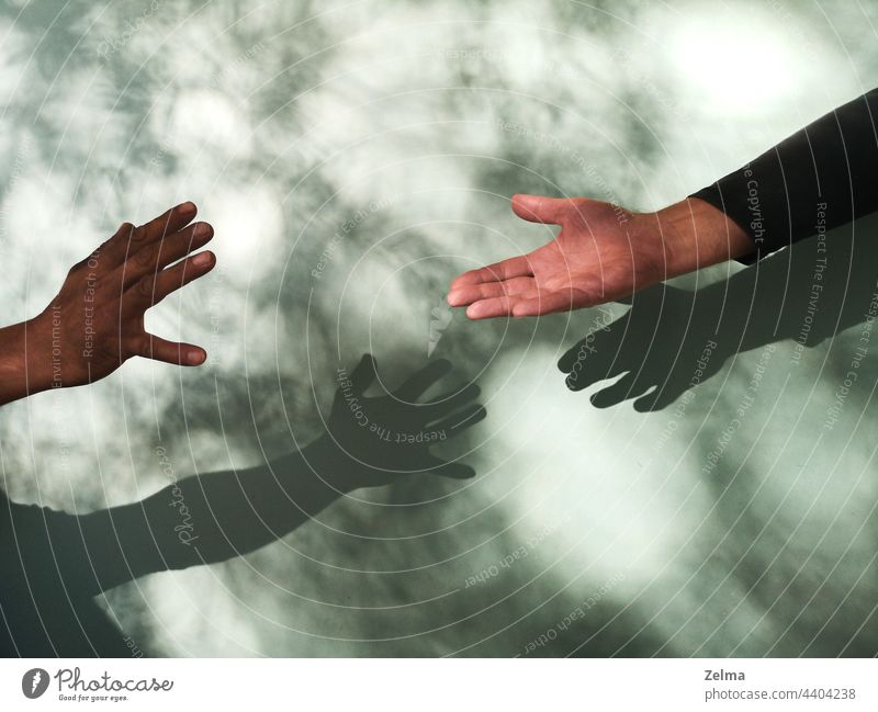 Helfende Hand mit Schatten auf monochromem Hintergrund, Konzept der menschlichen Beziehung, Gemeinschaft, Zusammengehörigkeit, Symbolik, Kultur und Geschichte