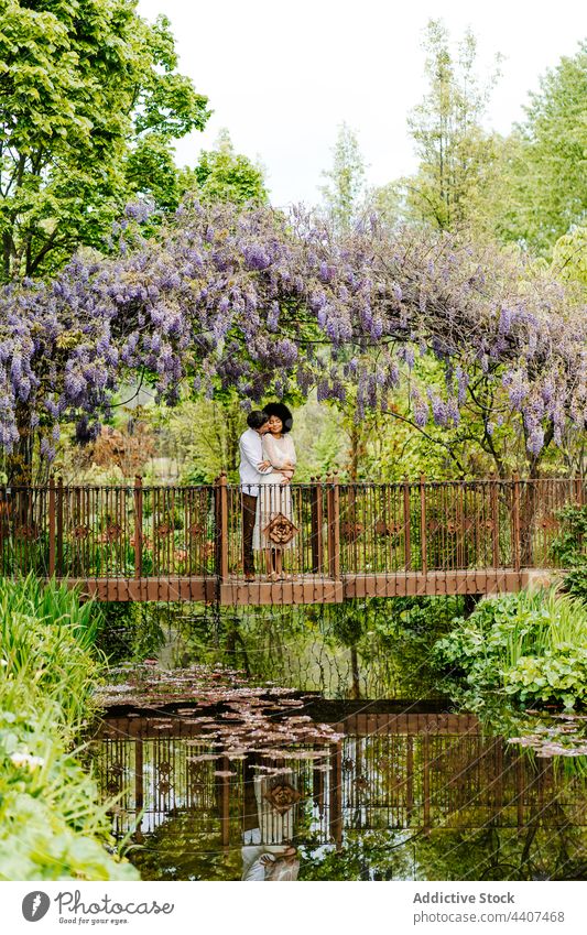 Paar umarmt auf Brücke unter Bogen mit Blumen Umarmung Garten Park Liebe Umarmen Glyzinie Partnerschaft romantisch Zusammensein Natur Angebot Blütezeit