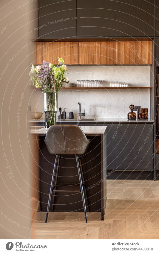 Interieur einer modernen geräumigen Küche Innenbereich grau Möbel Stil Design Blumentopf Pflanze Appartement flach Abfertigungsschalter Hocker eingetopft Topf