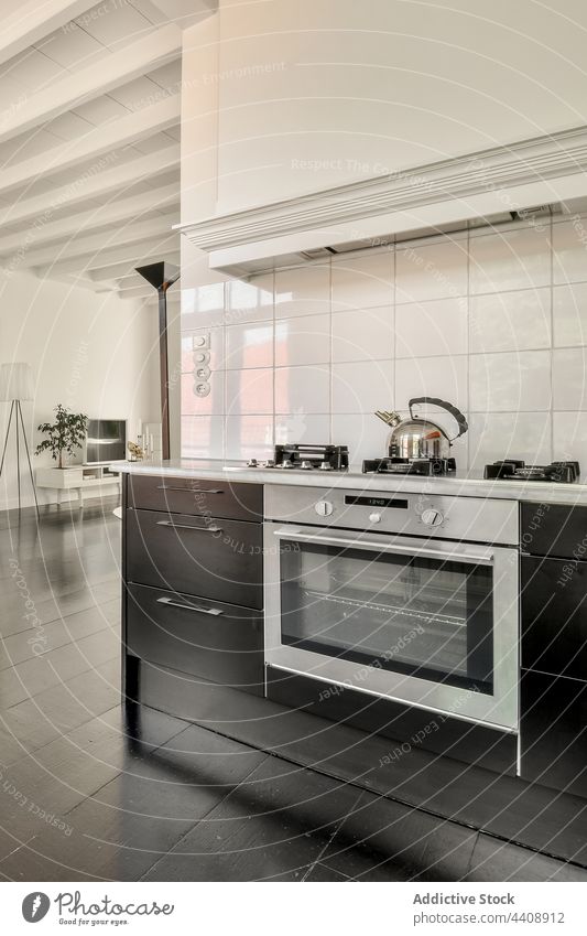 Offene Küche in moderner Wohnung Innenbereich Design Freifläche Möbel eingebaut Stil heimwärts Ofen Detailaufnahme Appartement Zeitgenosse wohnbedingt Haus