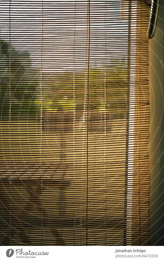 Ausblick aus der Wohnung durch Bambusrollo an der Balkontür Rollo Tür Fenster Balkontisch Tisch sonnig innen wohnen zuhause Hinterhof Nahaufnahme