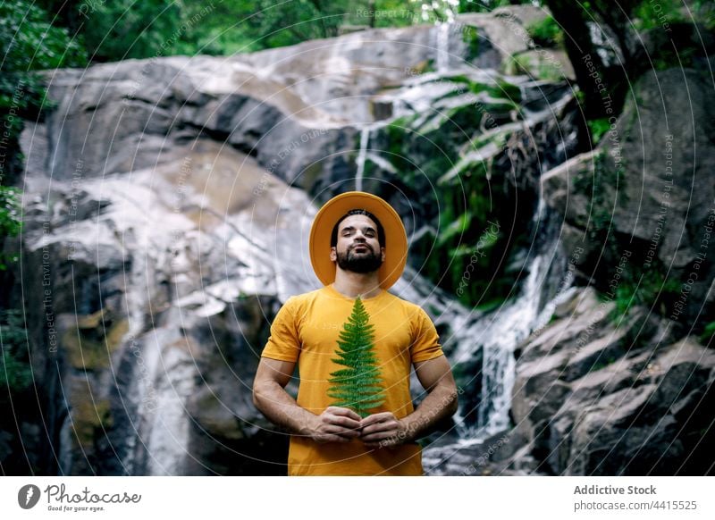 Gelassener Reisender mit Farnblatt am Wasserfall Mann Natur genießen verträumt Harmonie reisen Wurmfarn Blatt männlich Gelassenheit ruhig Umwelt friedlich