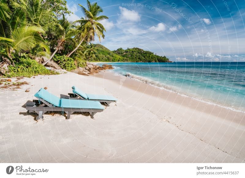 Insel Mahe, Seychellen. Urlaub Berufung auf die schöne exotische Anse Intendance tropischen Strand. Ozean Welle rollt gegen Sandstrand mit Kokospalmen reisen