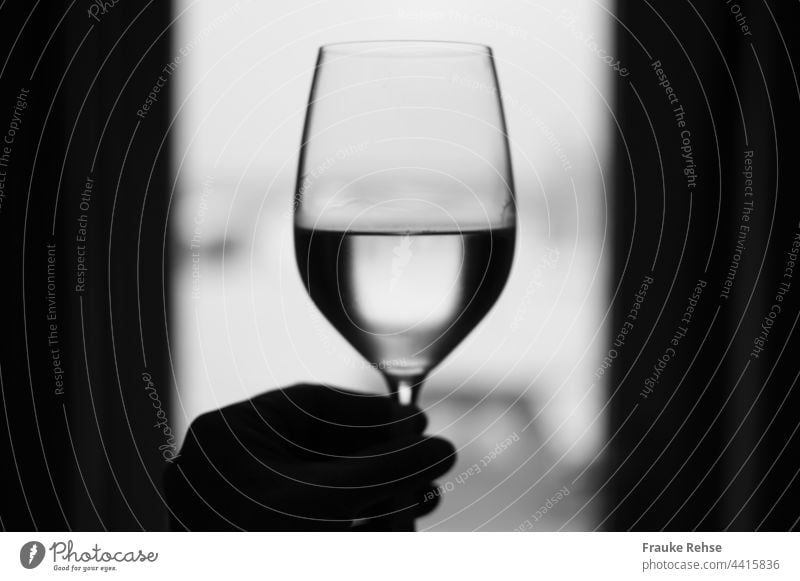 Santé!!! Halb gefülltes Weinglas vor einem Fenster zum Wohl Zum Wohle Prosit Prost Weißwein Vorhänge Glas trinken Alkohol Lifestyle genießen Getränk Kontrast