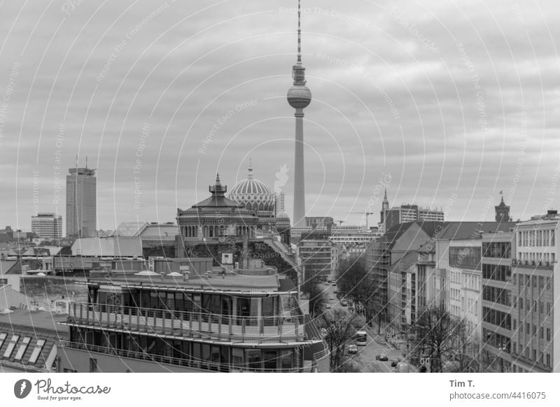 Blick über die Dächer der Oranienburger Straße in Berlin Mitte . Im Hintergrund der Berliner Fernsehturm. s/w Skyline Stadt Hauptstadt Architektur Außenaufnahme