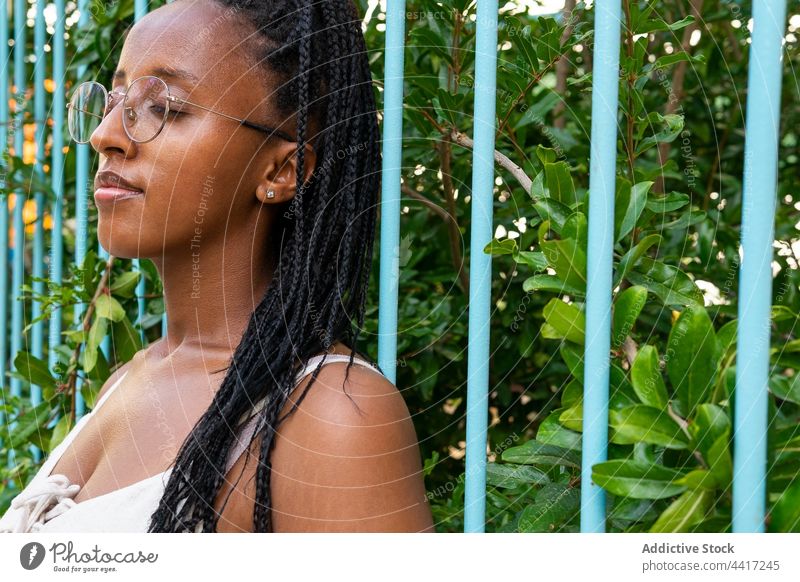 Gelassene schwarze Frau mit Zöpfen im Park Gelassenheit Sommer ruhig genießen sorgenfrei Natur Geflecht Frisur ethnisch Afroamerikaner barceloneta Barcelona