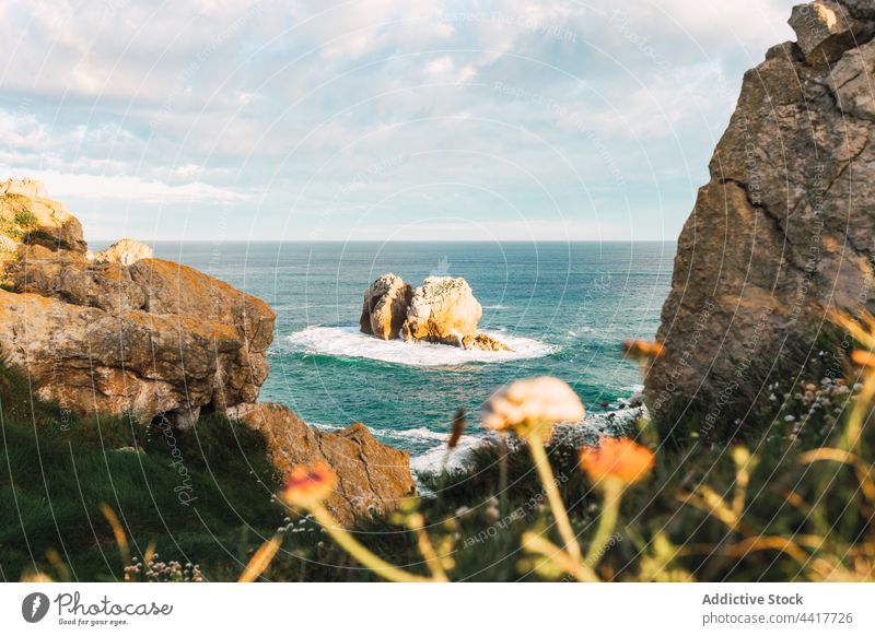 Landschaftlich reizvolle Küstenlinie mit Felsen und Blumen MEER Ufer Meeresufer Seeküste Formation Natur malerisch Spanien Kantabrien liencres felsig Sommer
