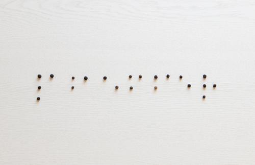 Wort "Pfeffer" in Blindenschrift Schrift Braille blind tasten Haptik Tastsinn fühlen spüren Empfindung lesen flatlay knolling Textfreiraum niemand menschenleer