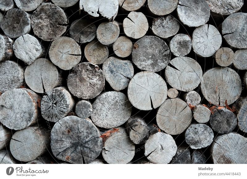 Gestapeltes trockenes graues Holz für den Kamin im Winter vor einer alten Scheune auf einem Bauernhof in Rudersau bei Rottenbuch im Kreis-Weilheim-Schongau in Oberbayern