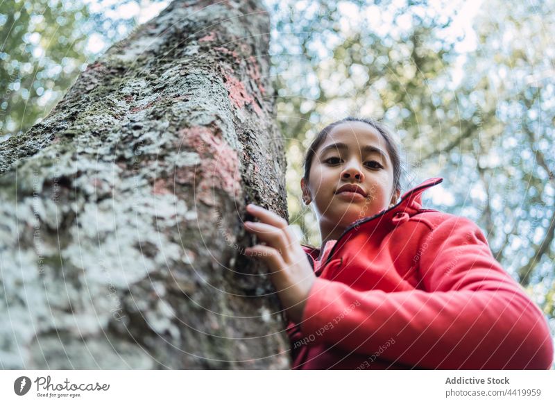 Ethnisches Mädchen an altem Baumstamm im Wald Kofferraum Rinde Natur Umwelt Ökologie bewahren Porträt Flechten Wälder Kind konservieren behüten Kindheit