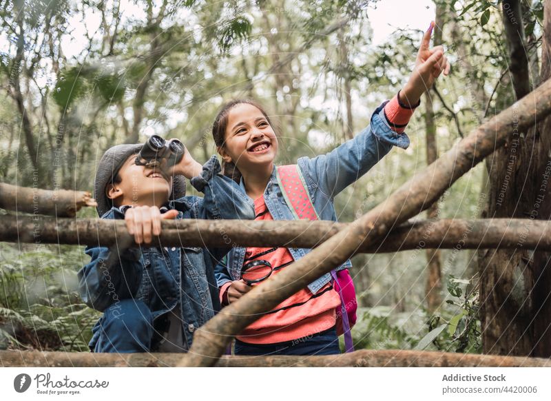 Ethnisches Mädchen, das mit seinem Bruder durch ein Fernglas in den Wald blickt Kinder erkunden Kofferraum untersuchen forschen interagieren finden Wissenschaft