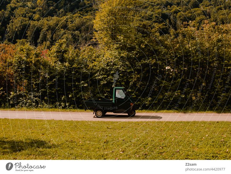 Piaggio Ape piaggio ape fahrzeug klein süss nutzfahrzeug garten gärtner transport italien sommer sonne grün landschaft reise fahren verkehrsmittel fußweg