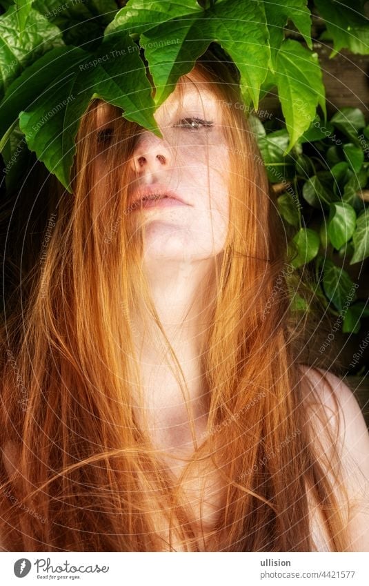 Porträt der jungen sexy Frau Rotschopf Ingwer mit lockigem roten Haar nachdenklich, steht vor unter wildem Wein Behaarung Mädchen rothaarig Mode Sommersprossen