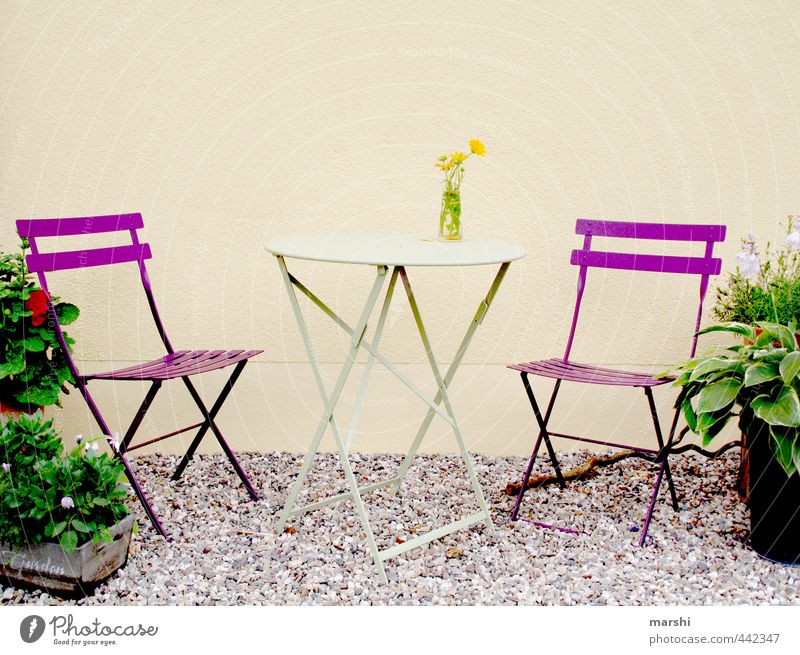 Platz im Garten Lifestyle Freizeit & Hobby Wohnung Natur Pflanze Stimmung Tisch Stuhl Möbel Kieselsteine violett Gartenstuhl Erholung Farbfoto Außenaufnahme