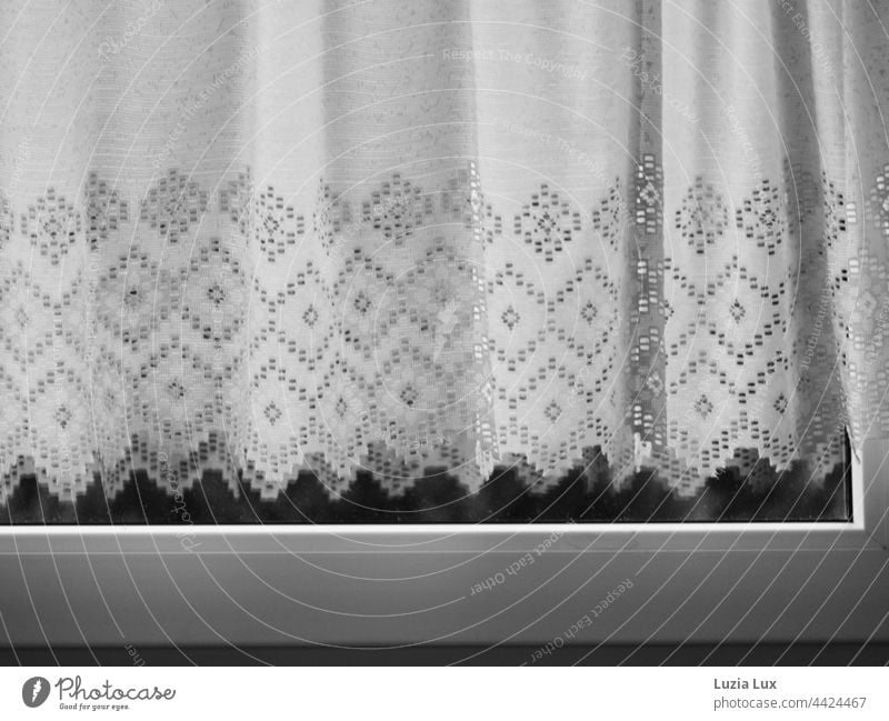 Eine altmodische Gardine hinter geschlossenem Fenster Stimmung Textilien Form Vorhang am Fenster Vorhänge licht Licht Schatten hell weiß Wohnung