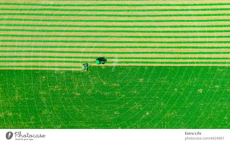 Luftaufnahme eines Traktors als Schleppmaschine für Rasenmäher hinter oben Antenne Ackerbau Luzerne beigefügt Schermaschine Klee Ernte geschnitten Kutter Ziehen