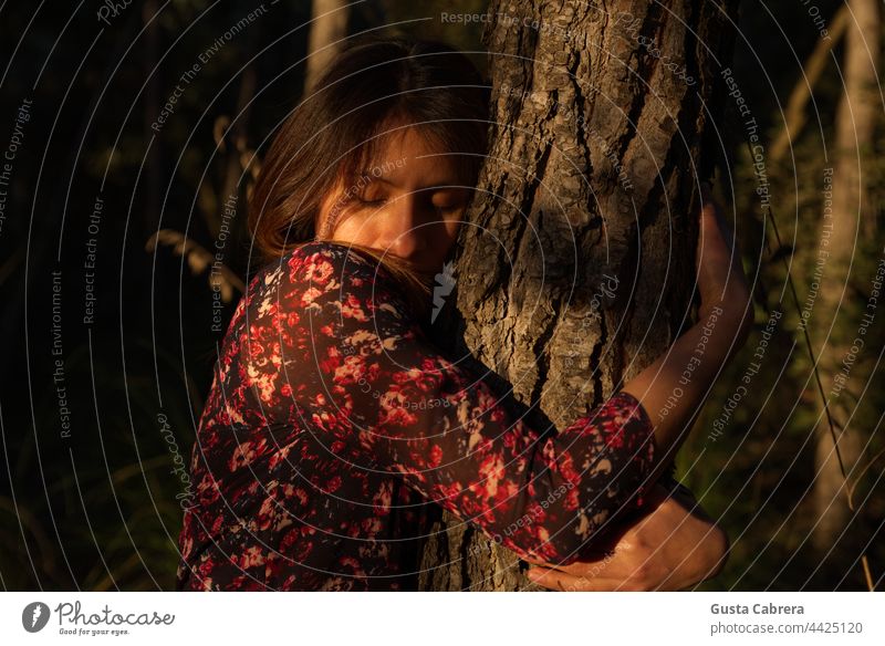 Frau in rotem Blumenkleid umarmt einen Baum. Liebkosen Baumstamm Außenaufnahme Farbfoto Kofferraum Natur Wald Gefühl Sonnenuntergang natürlich Kontakt