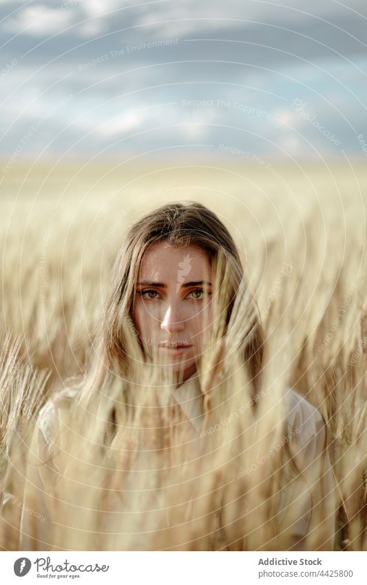 Millennial-Frau zwischen Weizenähren im Feld Natur Ackerbau vegetieren Ackerland emotionslos Starrer Blick Porträt Landschaft Wiese wachsen Müsli Korn wolkig