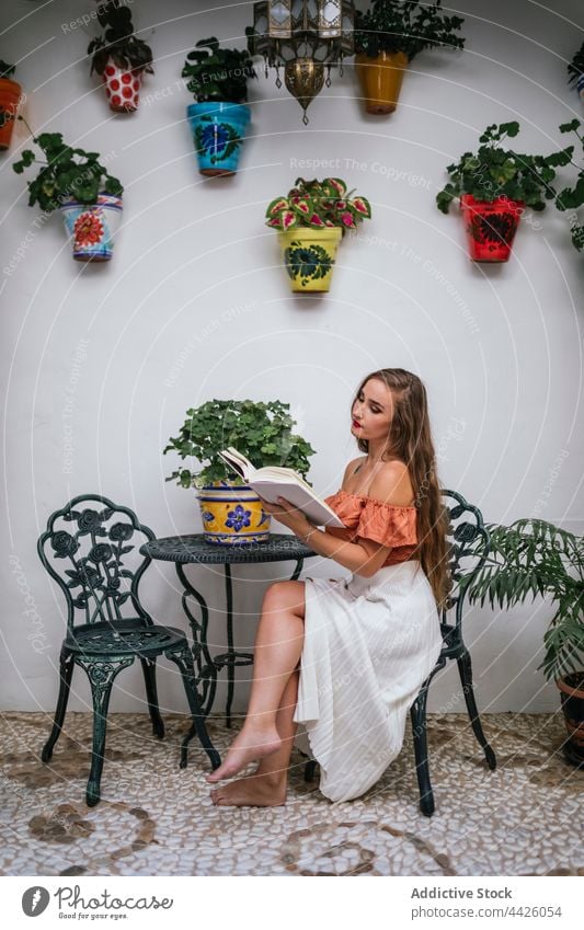Charmante Frau liest Buch im Innenhof lesen Kälte patio Sommer genießen Etage Anmut Stil Stuhl charmant Literatur friedlich fettarm interessant Wochenende Roman